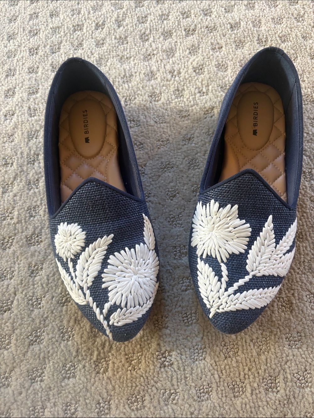 Birdies Navy Pointed Loafers with White Floral Embroidery